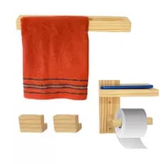 KIT BANHEIRO ( suporte toalha, papel higiênico e 2 ganchos Retangulares) madeira pinus