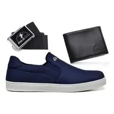 kit Tênis Polo Azul Fran Masculino Slip On 43 + Carteira & Cinto