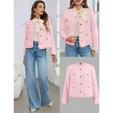 Jaqueta Rosa de Tweed Nova Primavera Outono Elegante Socialite Manga Longa