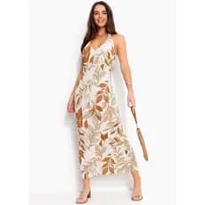 Vestido Longo Estampa de Folhagem em Branco Malha Plus Size Festas de Final de Ano Ano Novo 2026