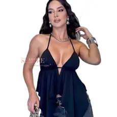 Blusa Bata Franja Feminina com Bojo Alçinha Fina Regulável Com Amarração nas Costas e Decote