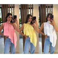 Blusa de Bico Feminina Choker Assimétrica Sem Mangas Comprida