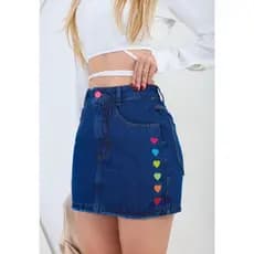 Saia Jeans Feminina Lisa Cintura Alta Barra Feita Com Corações
