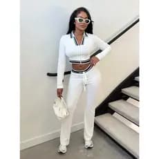 Conjunto De 2 Peças: Top Cropped Com Gola Contrastante E Zíper Frontal E Calça Flare De Corte Justo
