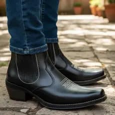 Bota Country Masculina Cor Preta Bico Fino Estilo Texana Cavalgada Vaquejada Rodeio Couro Legitimo Solado Costurado 3331