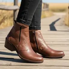 Bota Country Feminina Couro Legitmo Cor Marrom Café Com Ziper Fecho Botina Vaquejada Cavalgada Rodeio Botinha Leve 3536
