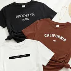 Camiseta feminina de algodão kit com 3 blusas Brooklyn California Limited blusa marrom preta e off