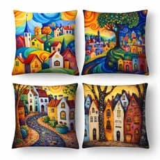 KIT 4 CAPAS DE ALMOFADAS DECORATIVAS CASAS COLORIDAS PAISAGEM - TAMANHO 45X45