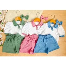 Conjunto Infantil Menina Short + Blusa Gola Polo + Laço