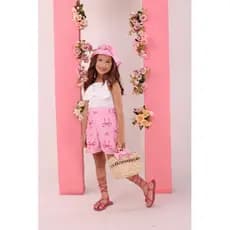 Conjunto Infantil Menina Short Laços na lateral + Blusa Alcinha Laço 3D + Chapéu