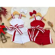 Conjunto Infantil Menina Blusa Alça Larguinha + Cintinho + Laço De Cabelo Festas Luxo