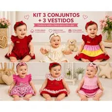 Kit Sortido 10 Peças Roupa de Bebê Menina 3 Camisetas e 3 Shorts Conjuntos 3 Vestidos 1 tapa Fraldas 0-6 meses