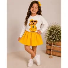 Conjunto Infantil Moletom Ursinha com Short Saia Plissado verde e amarelo