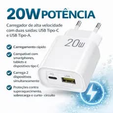 Fonte Carregador Turbo 20W potência USB Tipo C + Tipo-A Smartphone Tablets