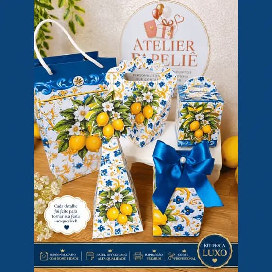 Kit Festa Costa Amalfitana Luxo Personalizada | Limão Siciliano | Decoração Aniversário Feminino Adulto | Lembrancinhas