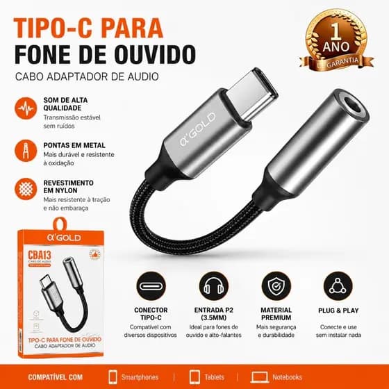 Adaptador Tipo-C para Fone 3.5mm P2 P3 CBA13 com DAC Áudio HD para Celular Android USB-C