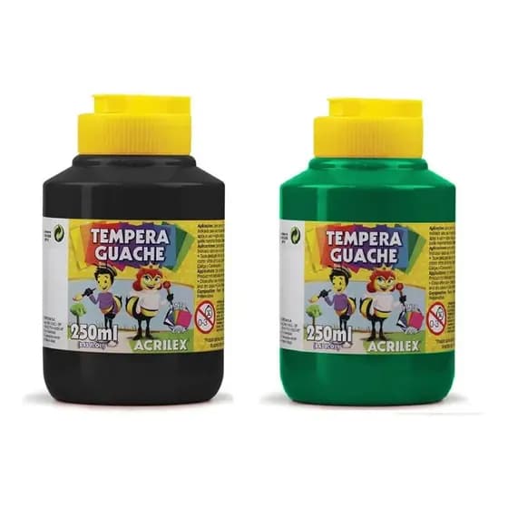 Kit 2 Potes Tinta TEMPERA GUACHE Acrilex  - 250ml - PRETO e VERDE - 02025520/ 02025511