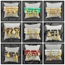 Kit 3 Pulseiras de Cristal Proteção- Pingente Banho Dourado-Diversos Modelos Varias Cores