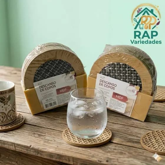 Descanso Para Copos Casita Redondos Em Mdf E Pvc com 6unidades + 1 suporte