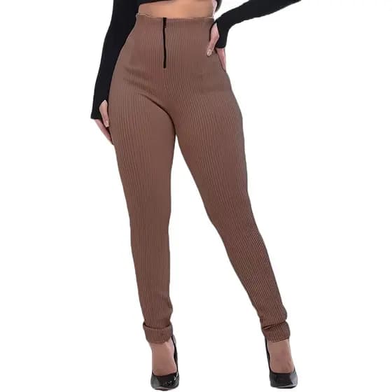 Calça Canelada Feminina 3D com Zíper e Cintura Alta Legging Calça Feminina
