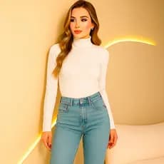 Blusa Manga Longa Comprida Feminina Canelada Gola Alta Slim