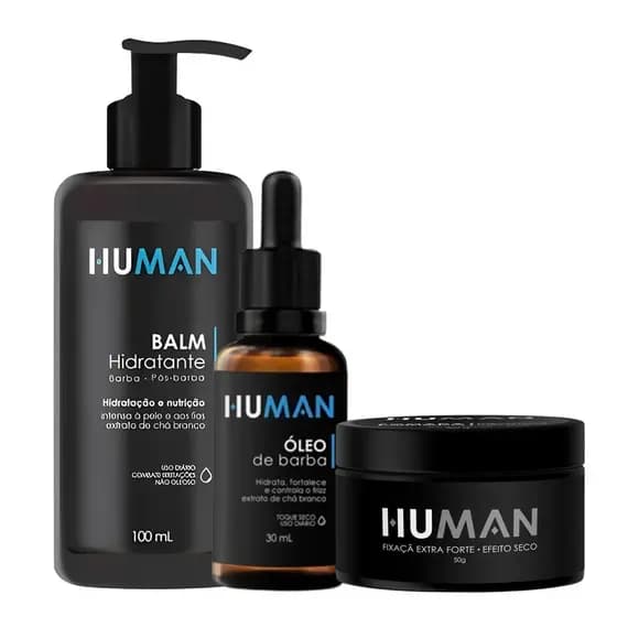 Kit Balm Pós-Barba Óleo para Barba e Pomada Modeladora Efeito Matte Seco Extra Forte Human