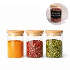 Kit 3 Pote Hermético Vidro 200ml Tampa Bambu Silicone Mantimento Cozinha Organizador