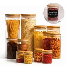 Conjunto c/ 12 Potes Herméticos de Vidro tamanhos variados e Tampa Bambu Organizador Cozinha Premium