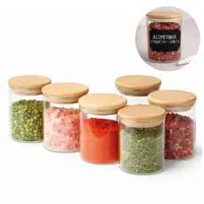 Kit 6 Potes Herméticos Vidro 200ml Tampa Bambu Vedação Silicone Cozinha Mantimentos