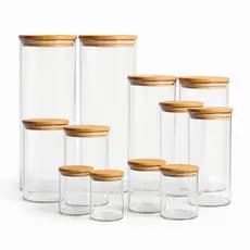 Kit 12 Un. c/ Vários Tamanhos  Potes Herméticos de Vidro Tampa Bambu Vedação Silicone Mantimentos Cozinha Completo