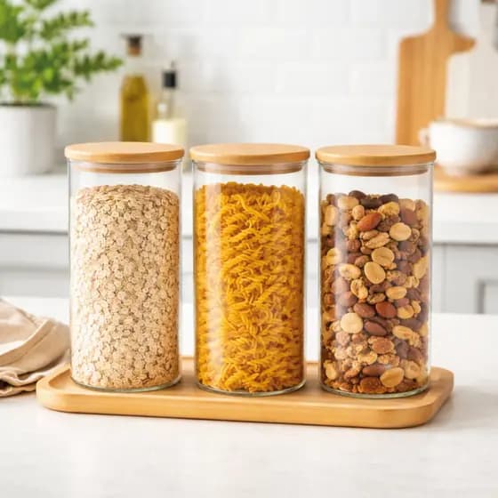 Kit 3 Potes Herméticos de Vidro 800ml Tampa de Bambu Organizador de Cozinha com Etiquetas | ENVIO RÁPIDO