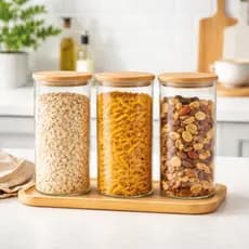 Kit 3 Potes Herméticos de Vidro 800ml Tampa de Bambu Organizador de Cozinha com Etiquetas | ENVIO RÁPIDO