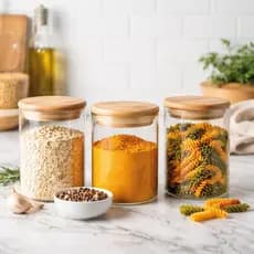 Kit 3 Potes Herméticos de Vidro 200ml Tampa de Bambu Organizador de Cozinha com Etiquetas | ENVIO RÁPIDO