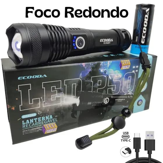 Lanterna Tática Led P 50 Mais Forte Do Mundo Potente Sitio Fazenda USB C Ecooda EC6201