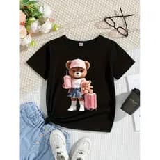 Blusinha Infantil Ursinha Viajante Camiseta Básica Menina  de Manga Curta com Estampa