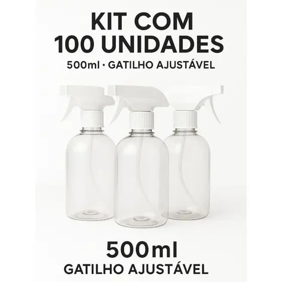Kit 100 Frascos Borrifador Spray Branco Pulverizador 500ml com Válvula Multiuso Transparente