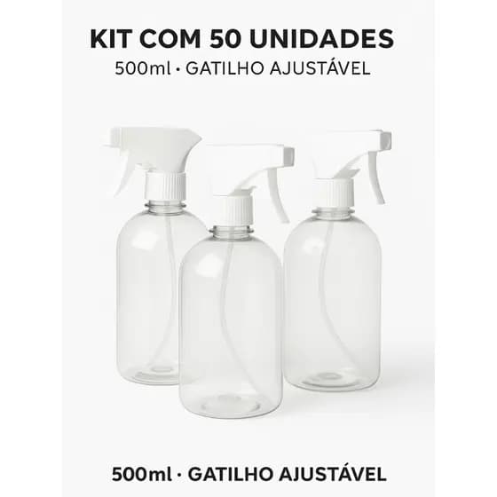 Kit 50 Frascos Borrifador Spray Pulverizador 500ml com Válvula Multiuso Transparente