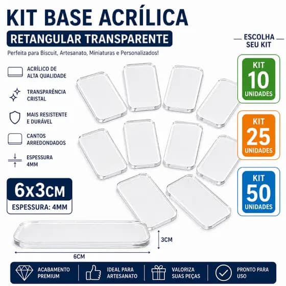 Kit Base Acrílica Retangular 6x3cm 4mm Transparente Para Biscuit Artesanato