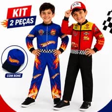 Fantasia Menino Roupa Festa Hot Wheels Com Boné Tema Carros Macacão Piloto Infantil