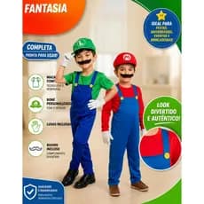Fantasia SUPER MARIO BROS LUIGI Completa Bigode e Luvas - Fantasia Infantil Menino