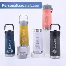 Garrafa Térmica Inox 650ml Personalizada com Alça e Canudo Com Nome Logo Time