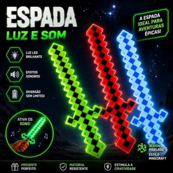 Espada Pixel Mine Craft Brinquedo Com Som E Luz Roblox Presente infantil Diversão