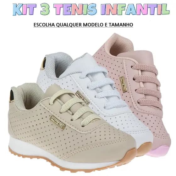 Tenis infantil Menina Kit Com 3 Tenis Feminino Volta As Aulas Club Happy Sapato Infantil