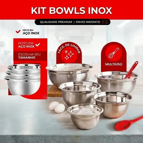 Bowl Inox Tigela Profissional Fundo Grosso Bacia Saladeira Tigela 18, 20, 22, 24, 26cm