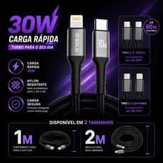 Cabo Nylon Reforçado Preto Turbo AGold Lightning Tipo C 1 Metro 2 Metros Original 60W 30W