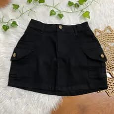 Saia jeans feminino 36 a 46 preto cargo cintura alta com lycra curto