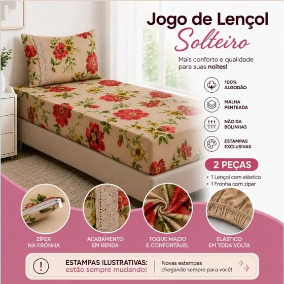 Jogo Lençol Solteiro Malha Estampada 2 peças (Lençol e Fronha) 100% Algodão Fronhas com Zíper