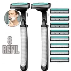 2 Peças Aparelho de Barbear Lâmina Dupla C/ 8 Cartuchos Fita Lubrificante Antialérgico Refil Multiuso