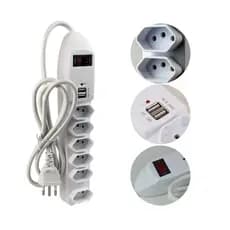 Extensão Elétrica 6 Tomadas + 2 USB P/ Carregar Celular 1,5M Chave/Disjuntor Reset/Off Bivolt