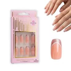 Kit Unhas Postiças Francesinha Decoradas 12 Peças Fácil Aplicação Formato Quadrado Plastico Resistente